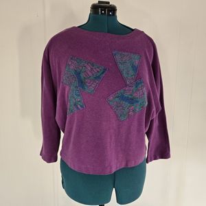 Vintage 80's New Fashion Brand Shirt Purple With Geometric Design Winged Sleeves